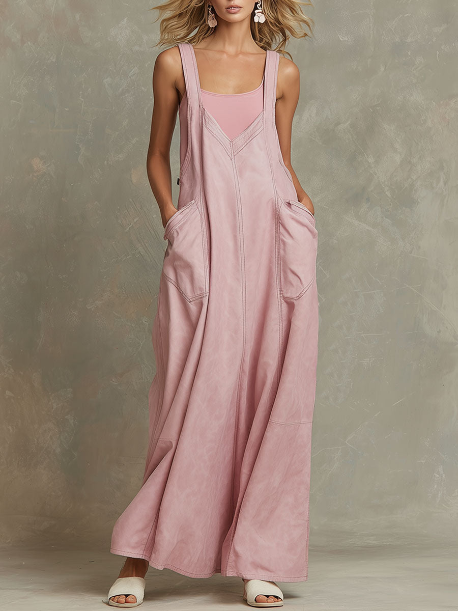 Western-style Casual Pink Overalls With Faux Suede Maxi Dress