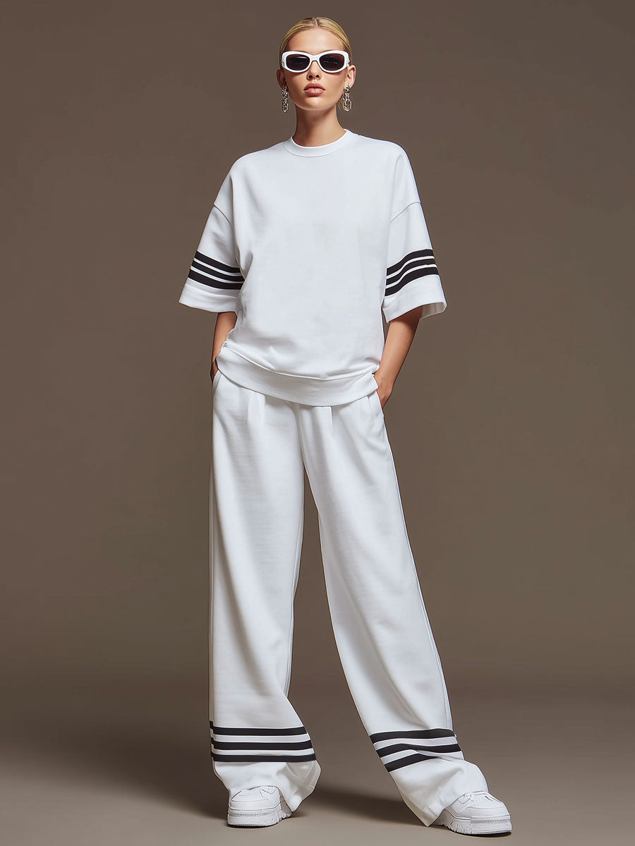 Casual Sporty Retro Striped White Cotton Short-Sleeve T-Shirt And Wide-Leg Pants Set