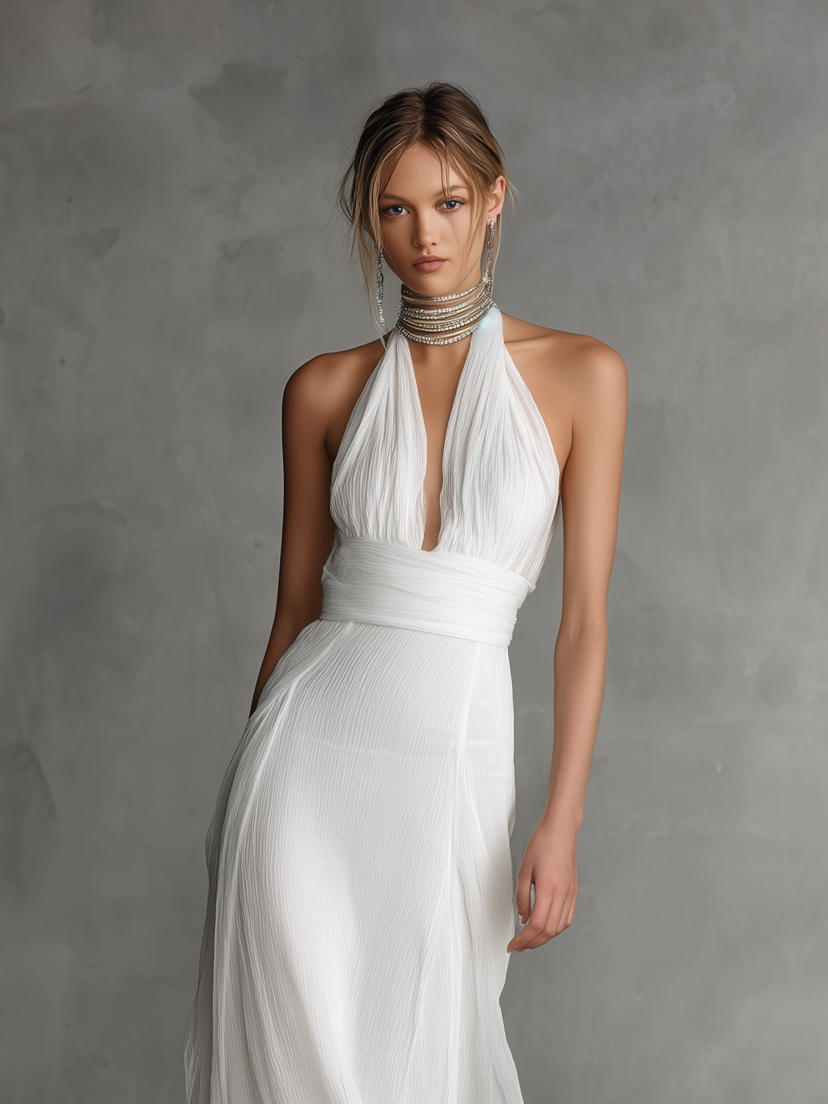 Women's Elegant White Chiffon Halter-neck V-neck Maxi Dress MDZ0639A8AN
