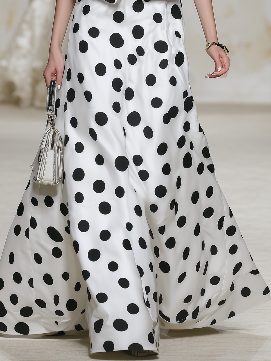Retro-chic V-neck Sleeveless Polka Dot Satin Maxi Dress