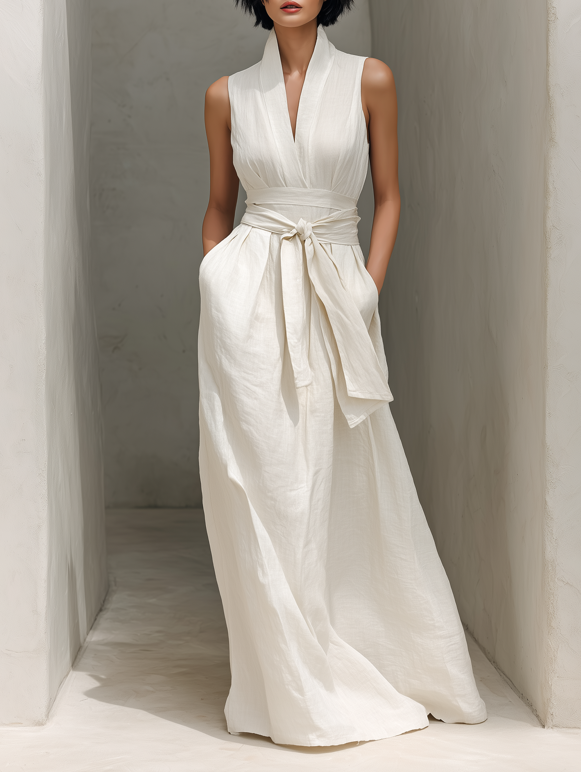 Women's Minimalist Cotton And Linen Blend V-neck Belted Sleeveless Maxi Dress MDZ0803A4Y