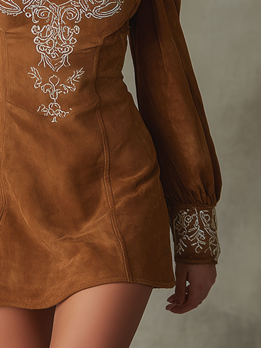 Western Retro Embroidered Brown V-Neck Long-Sleeve Suede Mini Dress