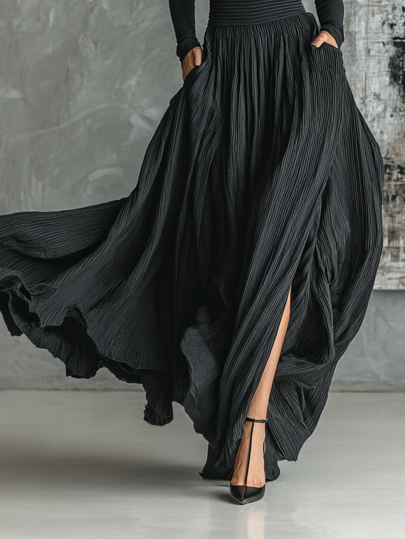 Women's Fashion All Black Skinny Turtleneck T-shirt Pleated Skirt Set MDA1366H1Y