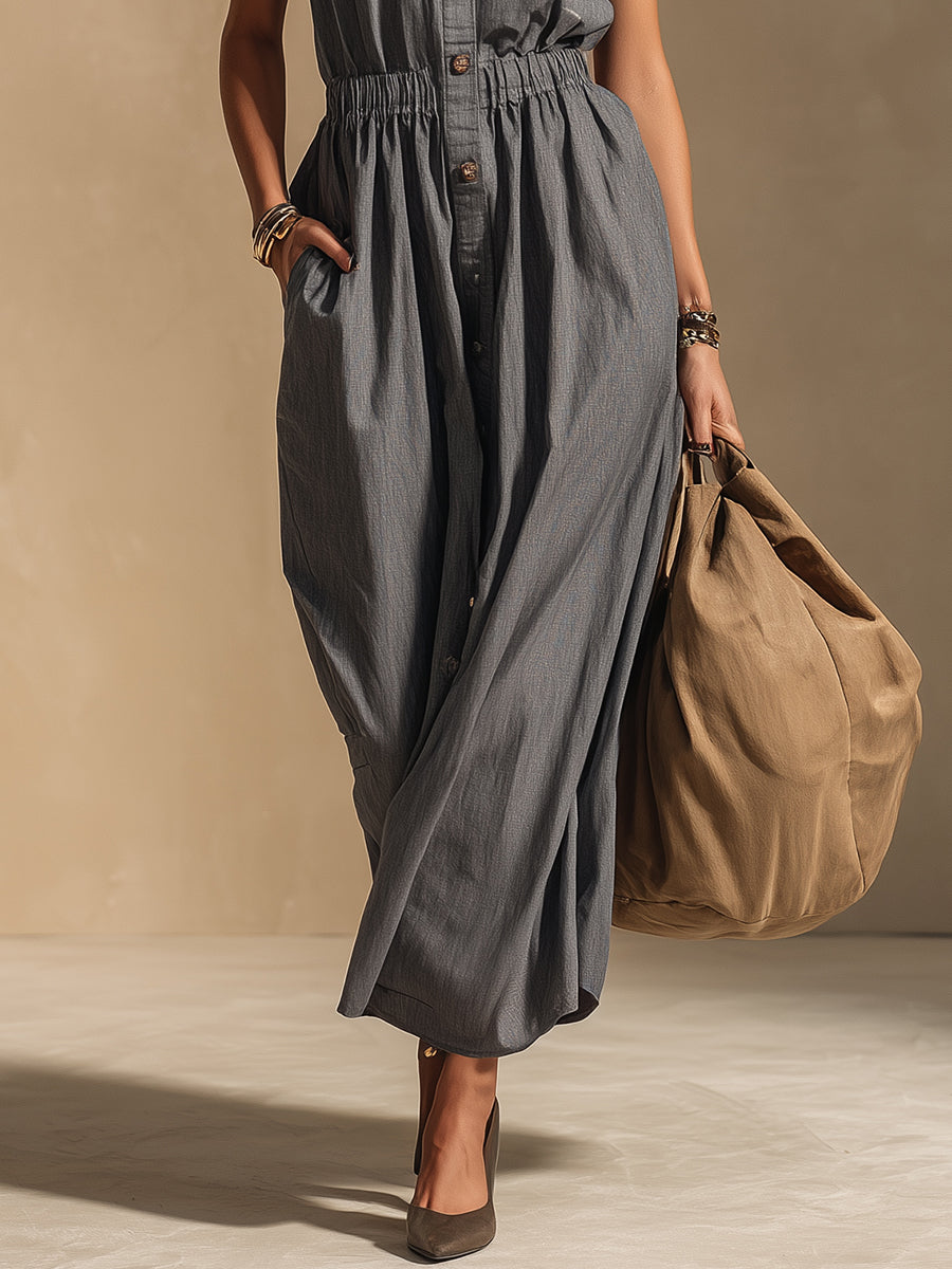 Vintage-style Sleeveless Stand-collar Pure Cotton Midi Dress