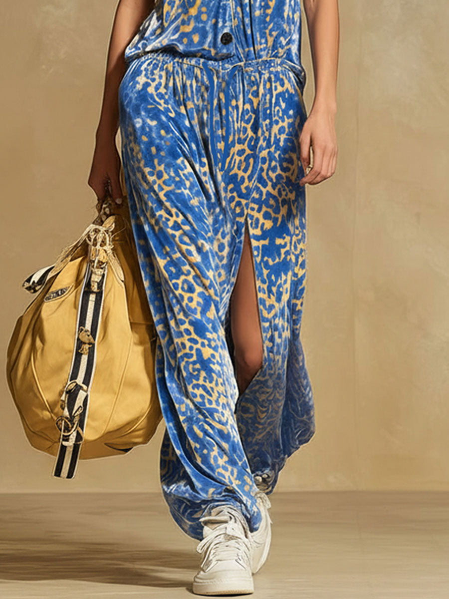 Hooded Leopard Print Slit Velvet Sleeveless Maxi Dress