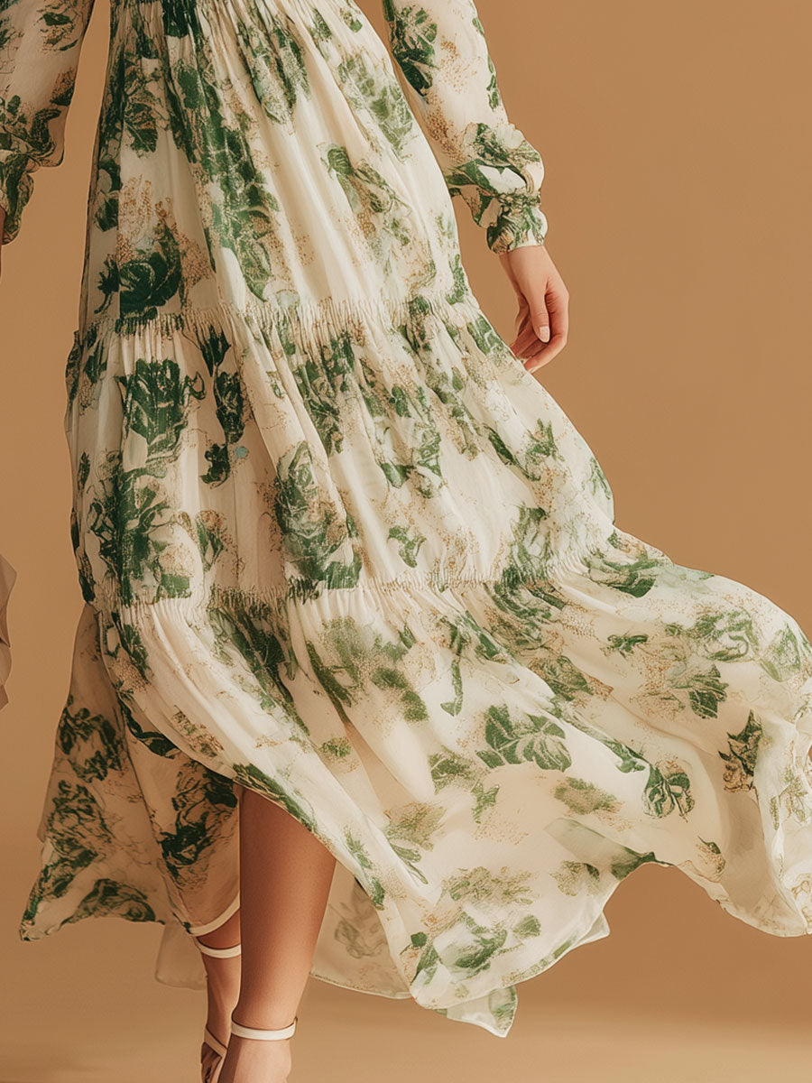 Stylish And Elegant Green Floral Beige Chiffon Maxi Dress
