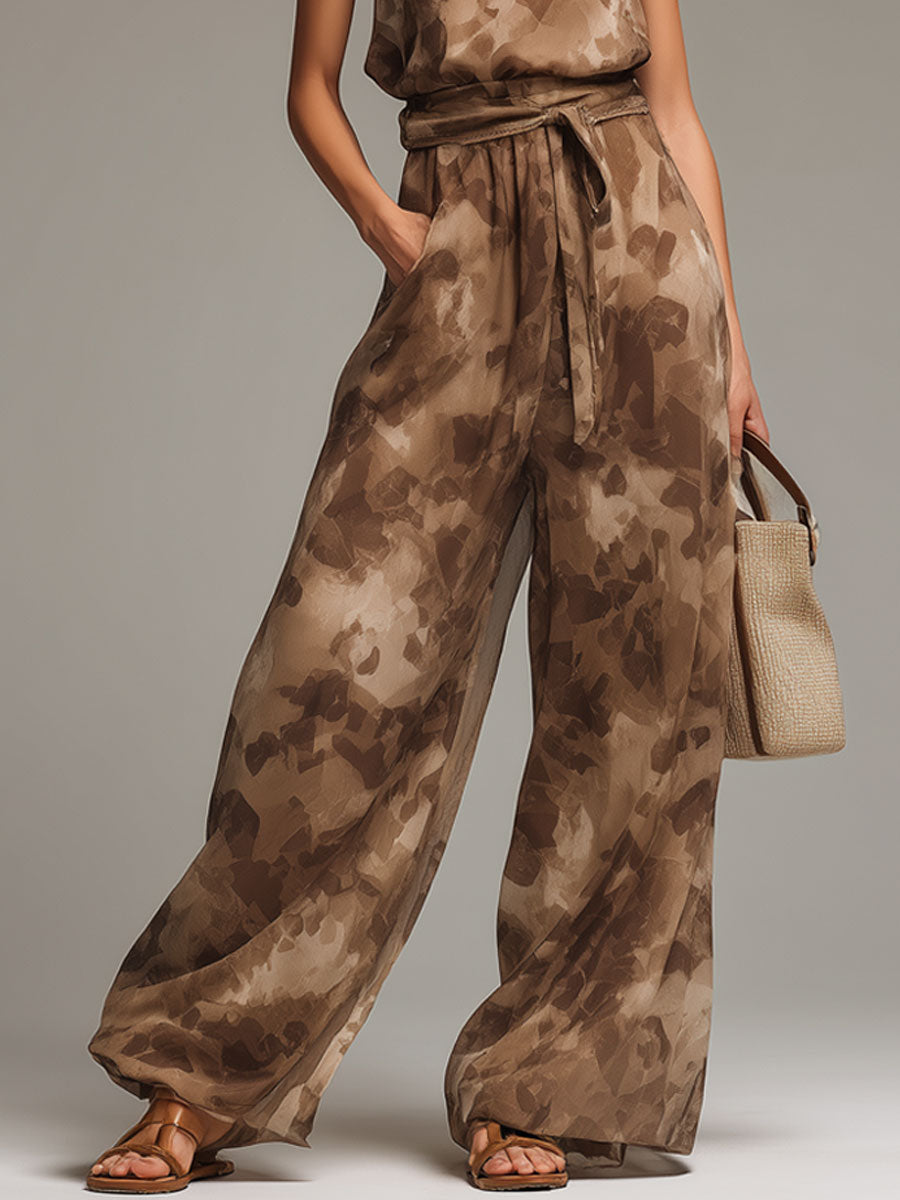 Vacation Retro Color Block Brown Chiffon Sleeveless Top And Wide-Leg Pants Set