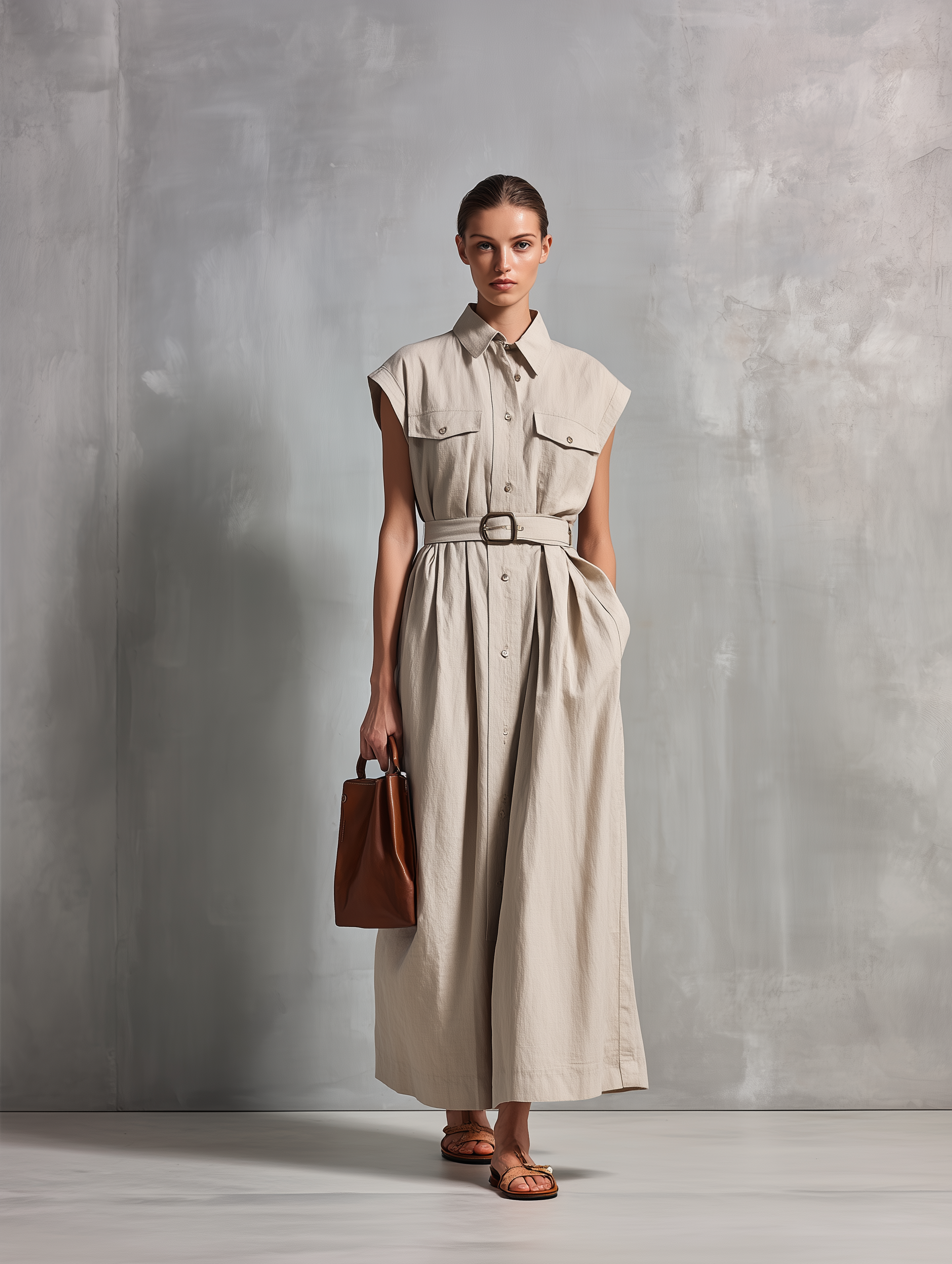 Women's Elegant, Natural-colored Cotton And Linen Blend Sleeveless Maxi Dress With A Shirt Collar MDZ1717A0AN
