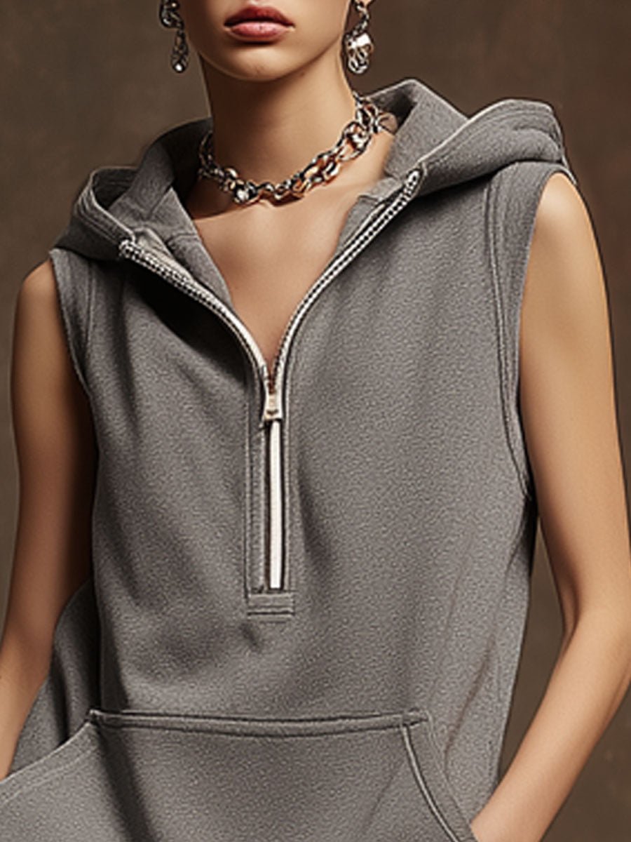 Casual Sporty Retro Dark Gray Cotton Blend Zipper Hooded Sleeveless Mini Dress