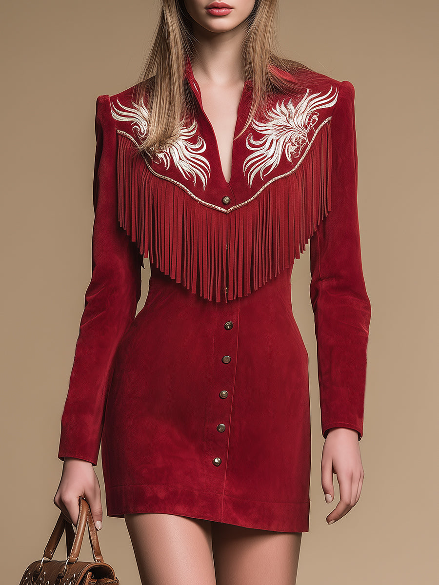 Western-style Retro Embroidered Fringed Lapel Faux Suede Mini Dress