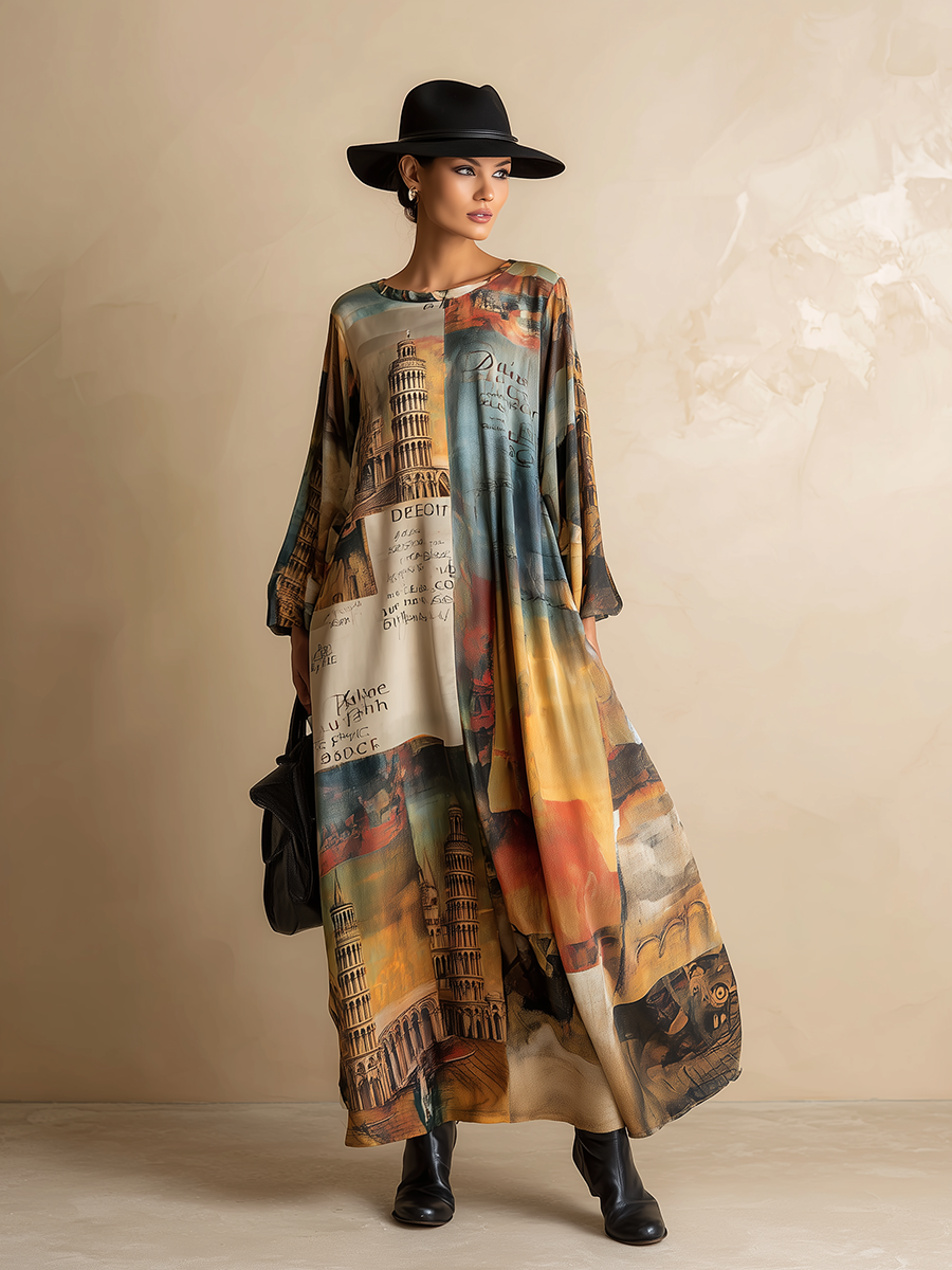 Loose And Stylish Western-style Printed Satin Maxi Dress