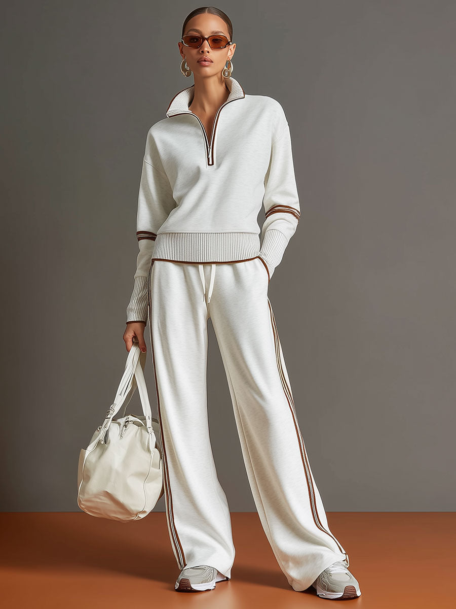 Retro Sporty Webbing Grey-white Half-zip Sweatshirt And Wide-leg Pants Set