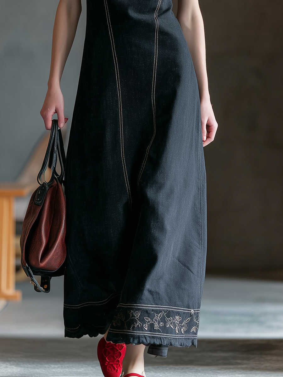 Stylish Western-style Embroidered Hem Strap Maxi Dress