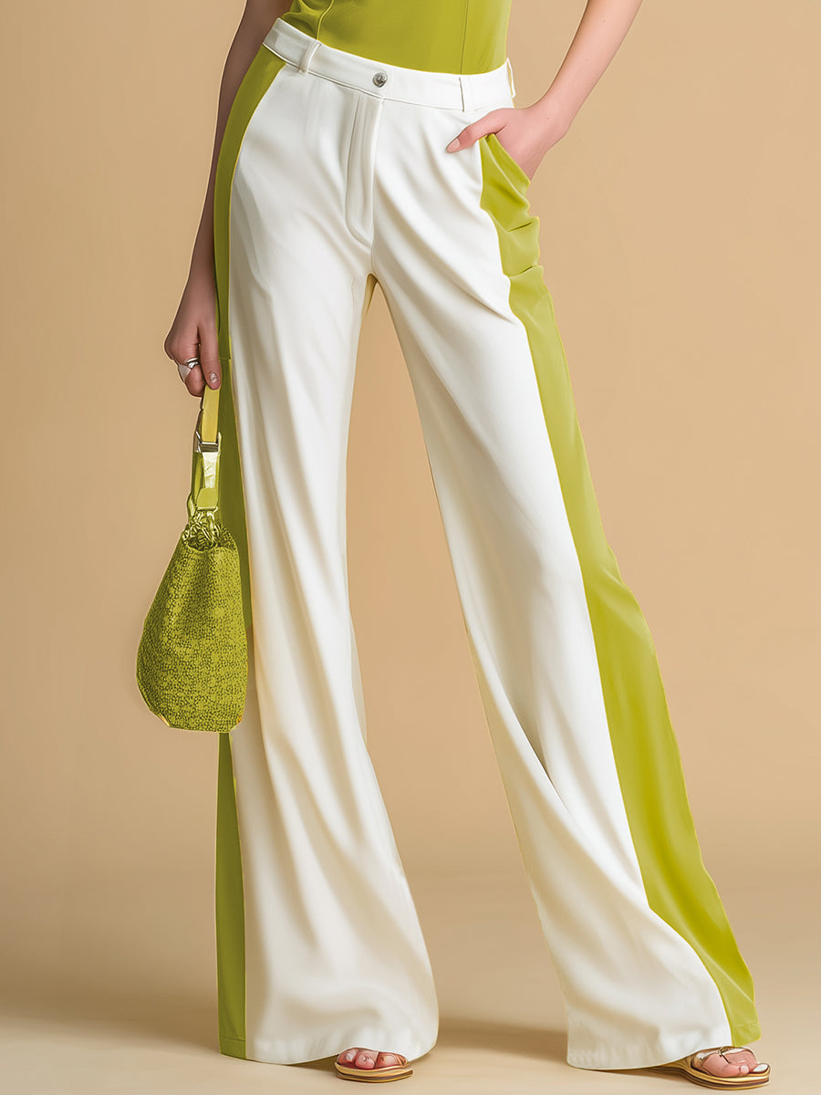 Sporty Stylish Color-blocked Short-sleeved Polo Shirt And Flared Pants Set