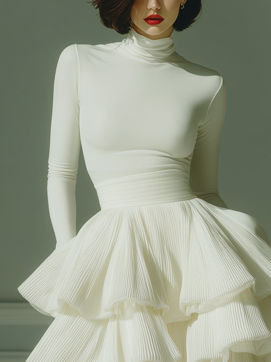 Women's White Stretch Knit Fabric Turtleneck Long-Sleeve Top & Chiffon Tiered Pleated Mini Skirt Set MDZ0642A7T