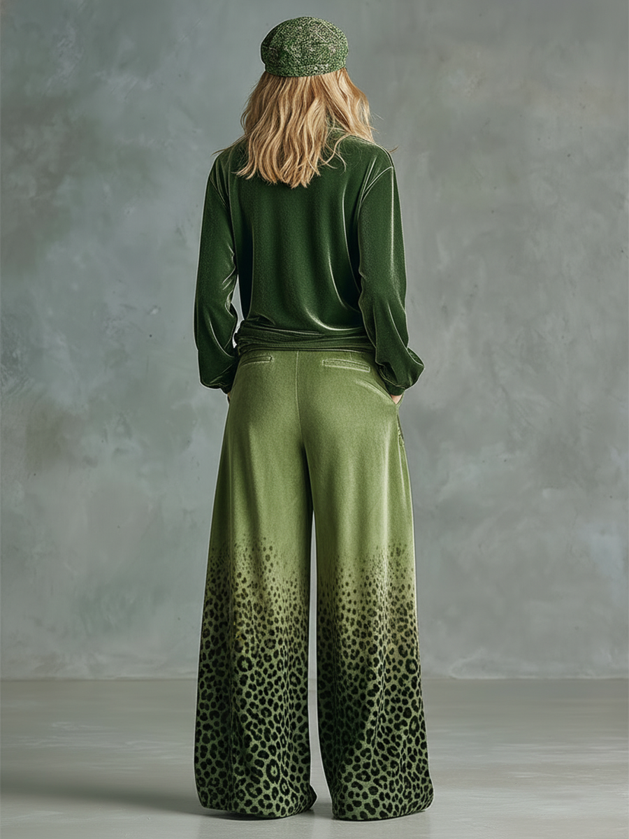 Trendy Retro Sporty Green Velvet Top And Leopard Print Wide-leg Pants Set