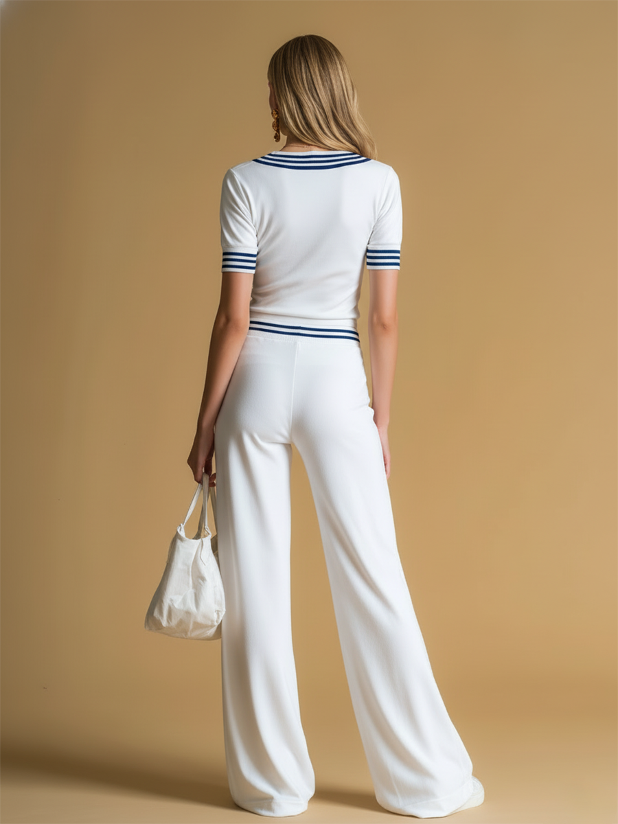 Sporty Retro Style Color-blocked Striped T-shirt And Pants Set