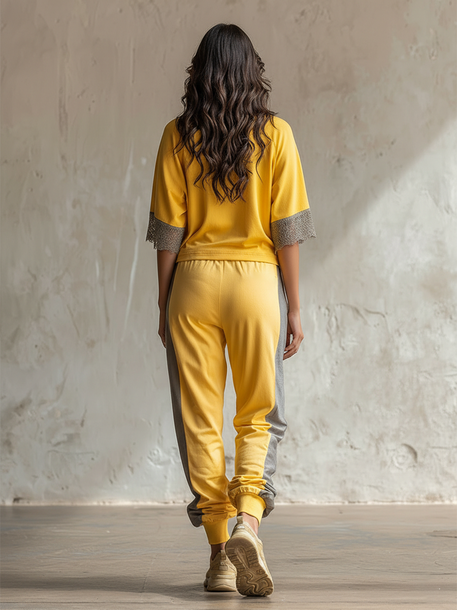 Casual Sports Color-blocked Yellow T-shirt And Pants Set