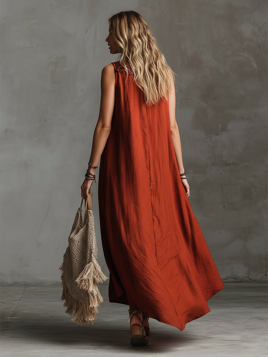 Vintage And Charming Red Cotton And Linen Sleeveless Maxi Dress