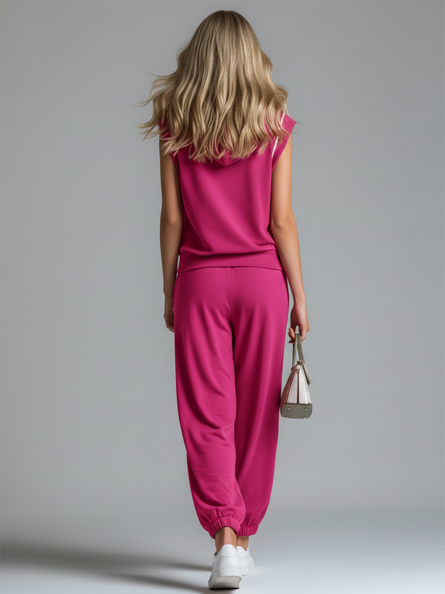 Stylish And Casual V-neck Hooded Sleeveless Top And Pants Set