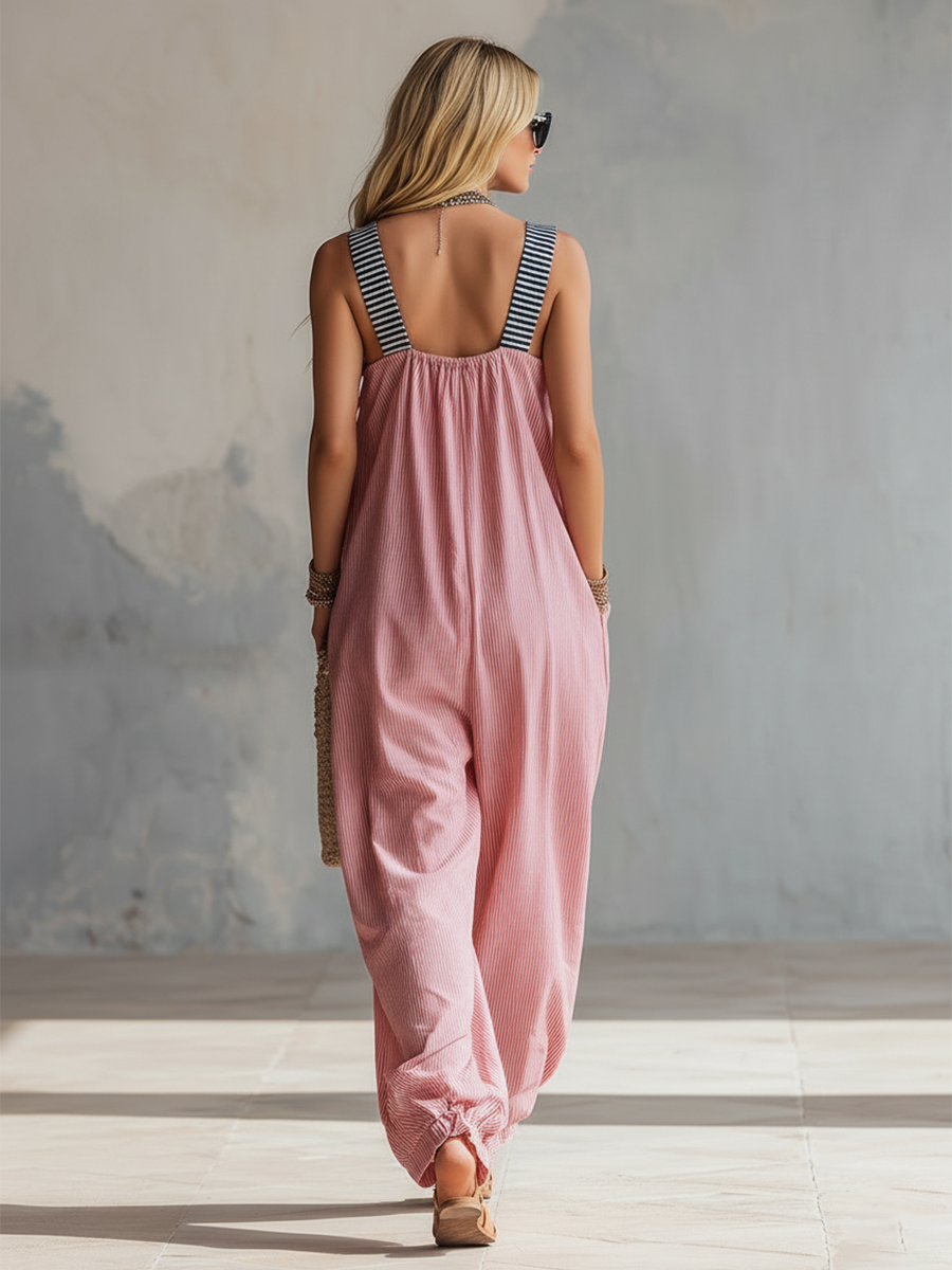 Stylish Oversized Pink Striped Overalls