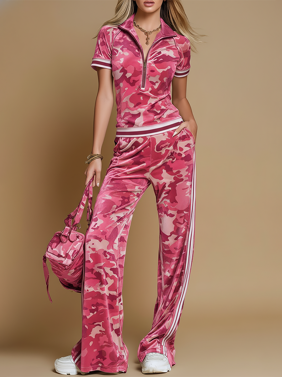 Retro Color-blocked Striped Trim Camouflage Velvet T-shirt And Pants Set