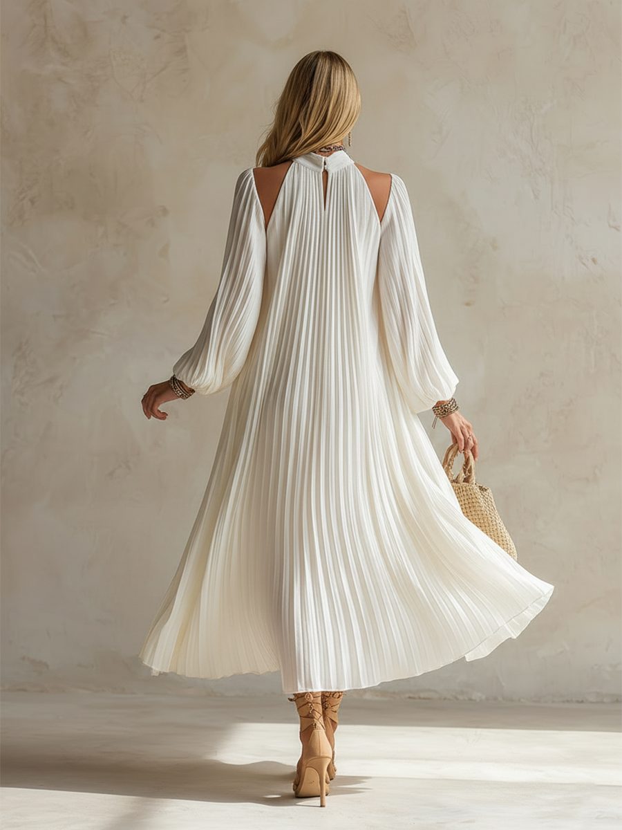 Elegant White Chiffon Pleated Off-the-shoulder Long-sleeved Midi Dress