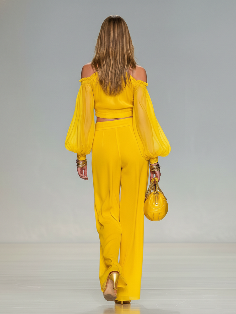 Elegant Urban Style Halter-neck Chiffon Top And Wide-leg Pants Set