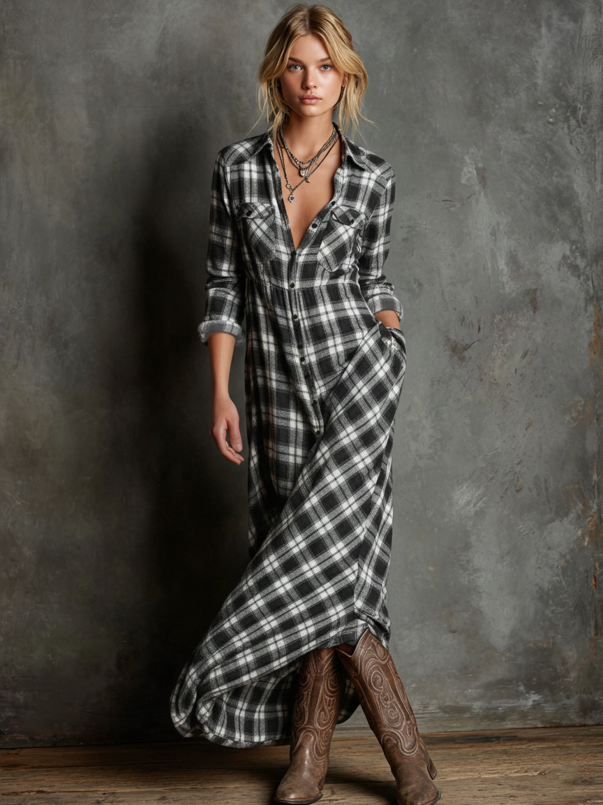 Women's Plaid Lapel Single-Breasted Shirt Maxi Dress MDA1249H1Y