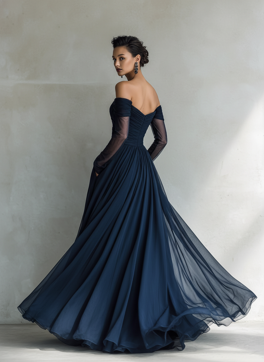 Women's Elegant Dark Blue Chiffon Organza Off-shoulder Long-sleeved Fitted Maxi Dress MDA1711L9AN