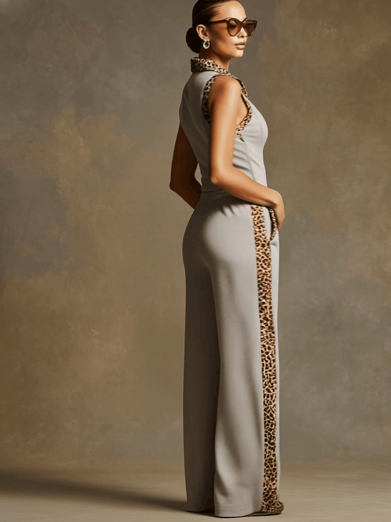Sporty Retro Leopard Print Trim Gray Sleeveless Wide-leg Jumpsuit