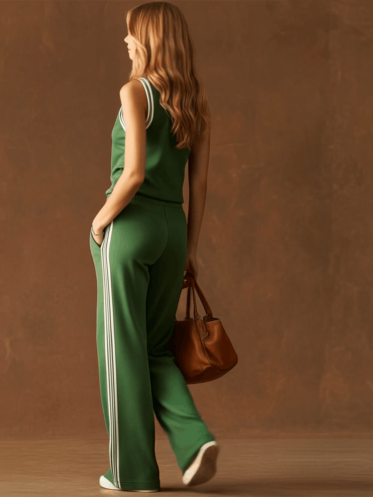 Stylish Sporty Black And White Trim Green Sleeveless V-neck Top And Pants Set