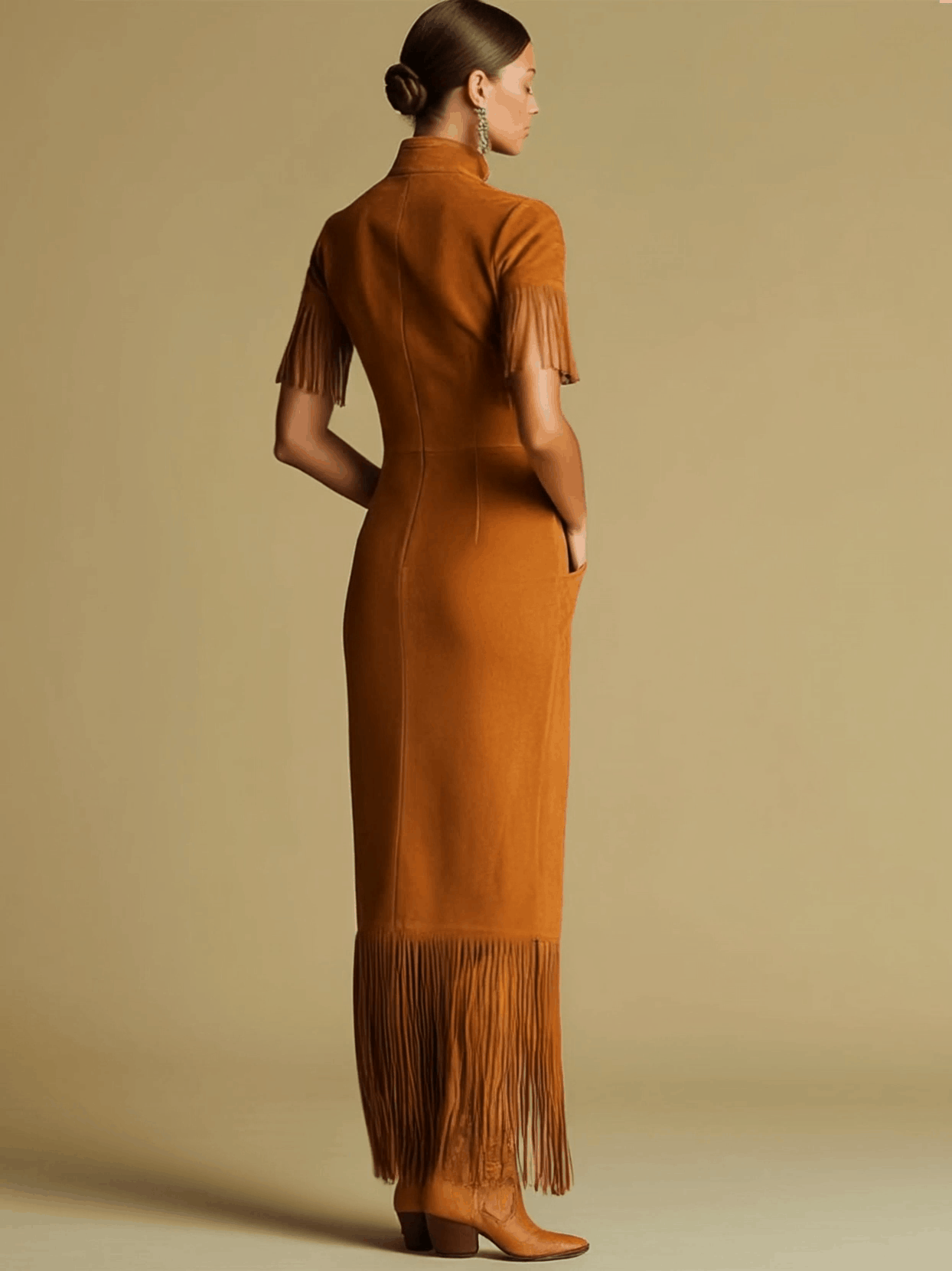 Western Retro Embroidered Brown Fringe Maxi Dress