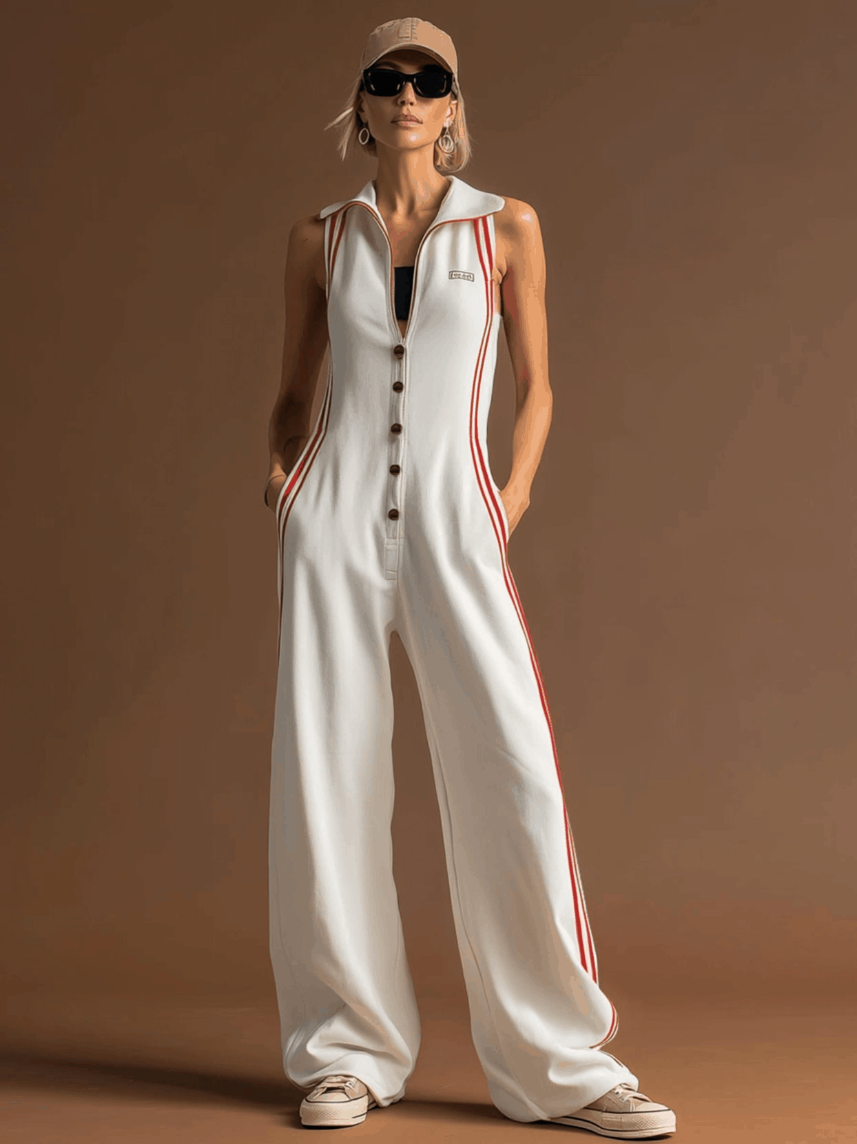 Sporty Retro Red Ribbon White Cotton Sleeveless Jumpsuit