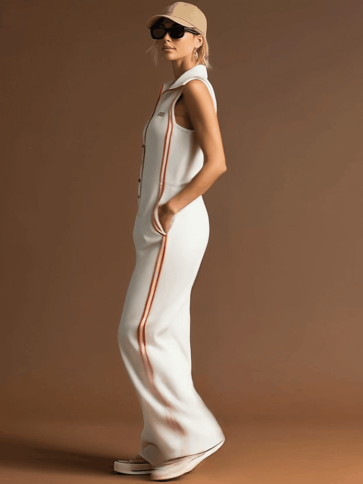 Sporty Retro Red Ribbon White Cotton Sleeveless Jumpsuit