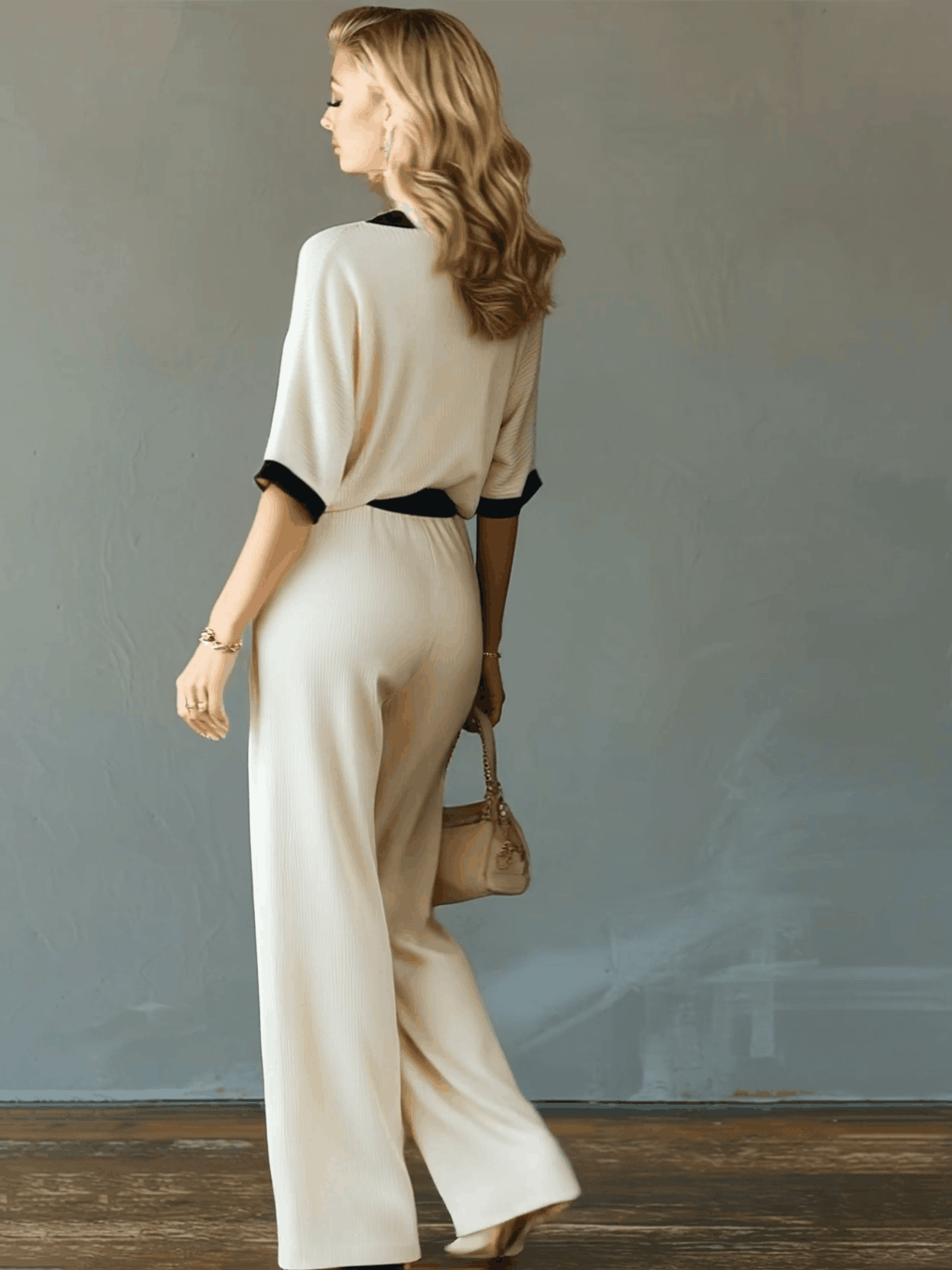 Casual Sporty Color-blocked Short-sleeved Knit Top And Pants Set