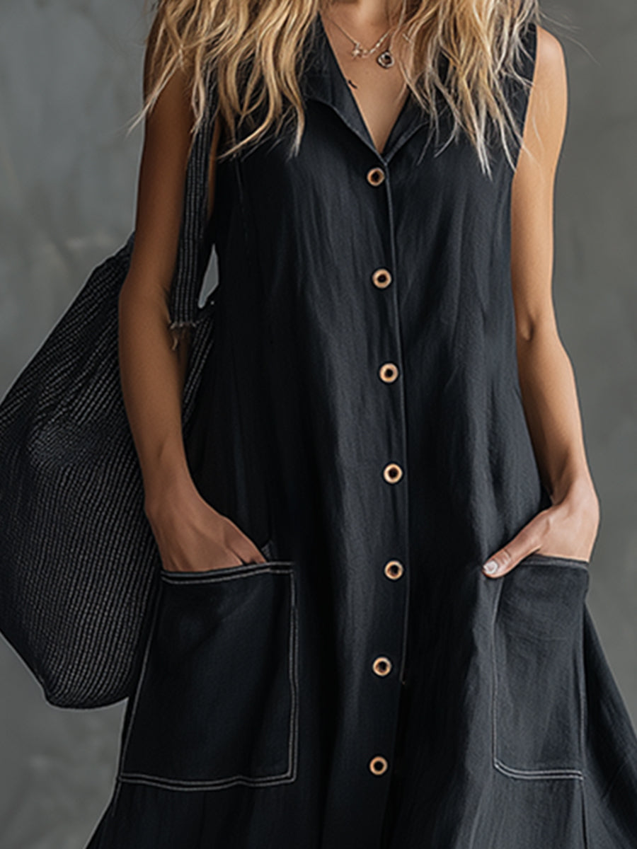Elegant And Classic Black Cotton And Linen Sleeveless Maxi Dress