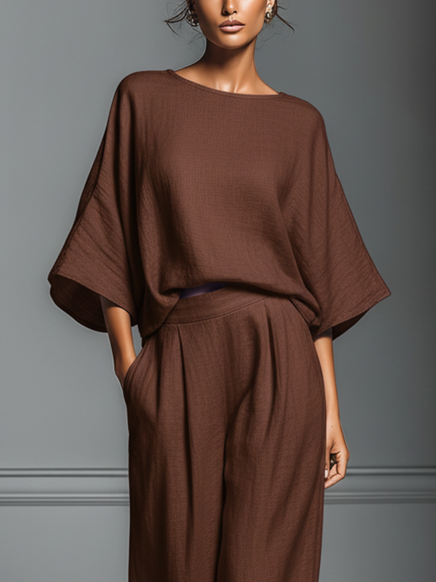 Women's Brown Cotton And Linen Blend Oversized Short-Sleeve Blouse & Wide-Leg Pants Set MDZ1319A4T