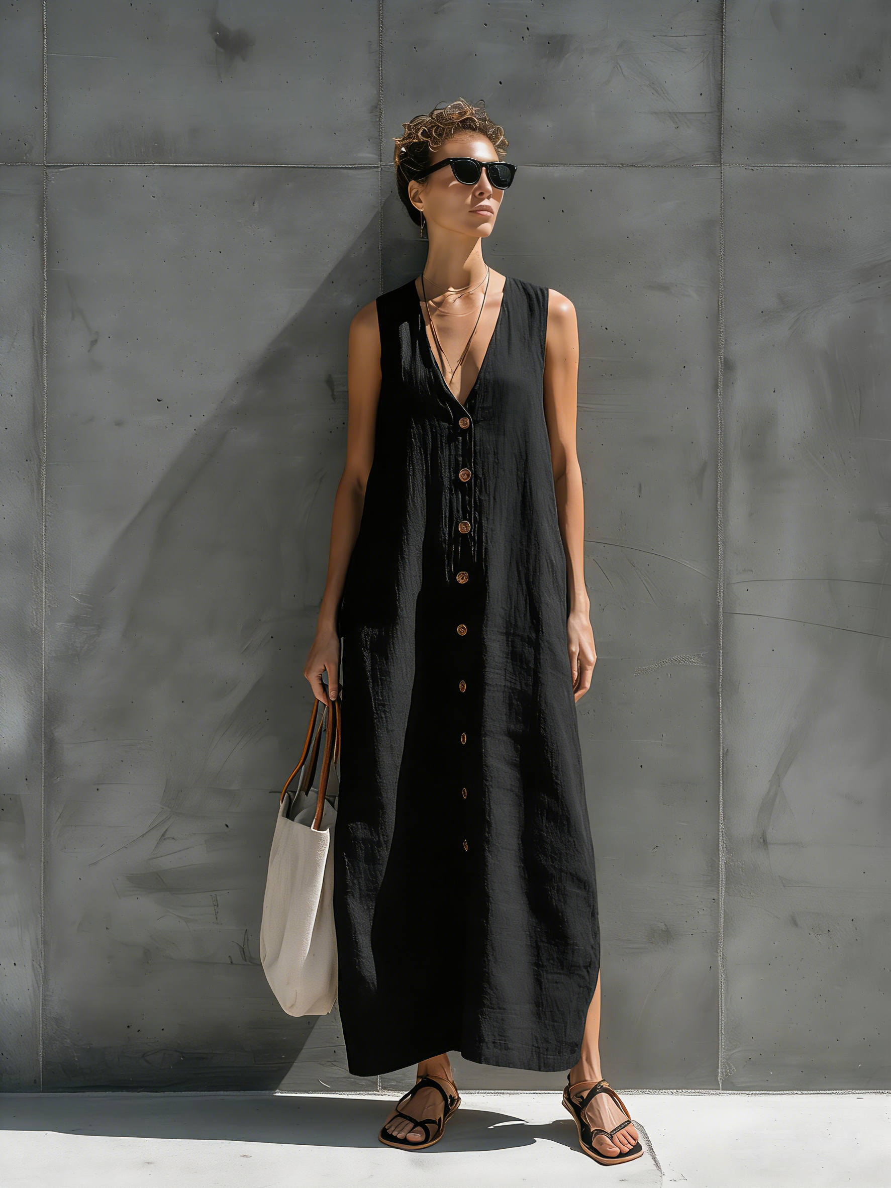 Women's Elegant Black V-neck Cotton And Linen Blend Sleeveless Maxi Dress MDZ1578A2AN
