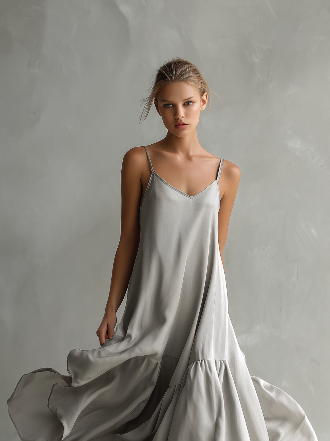 Women's Elegant Gray Satin Sleeveless Loose-fitting Maxi Dress With Spaghetti Straps MDZ0949A8AN