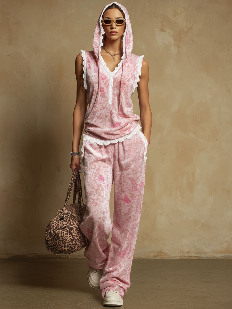 Lace-trimmed V-neck Hooded Vintage Print Top And Velvet Pants Set