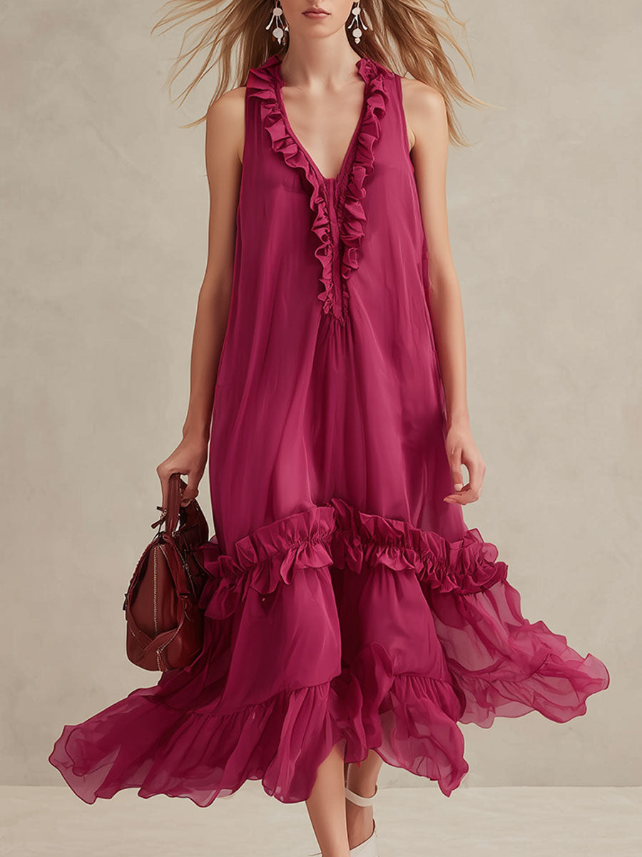 Casual Vacation Style Fuchsia Sleeveless V-neck Ruffle Midi Dress