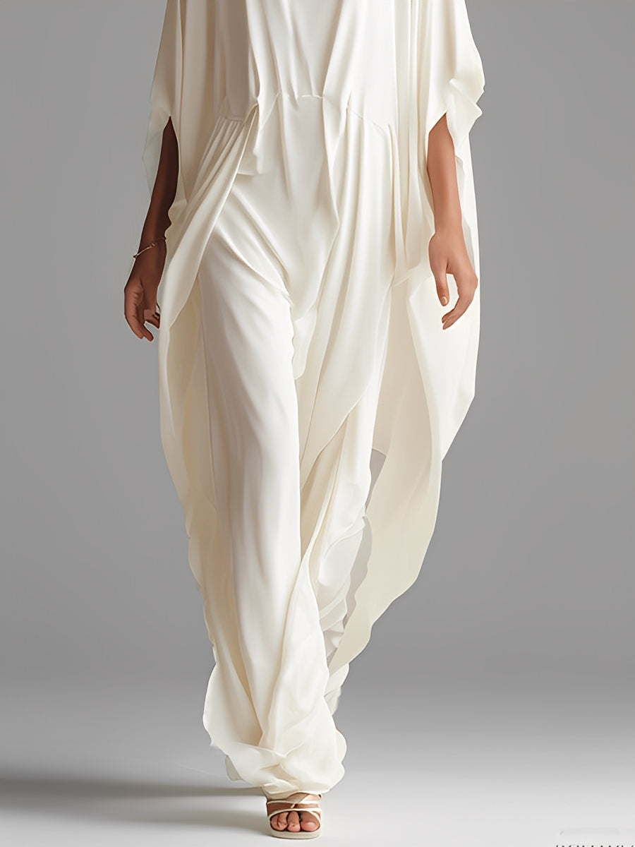 Women's Cream Woven Dress With Oversized Silhouette & Cinched Waist, Modern Minimalist-Chic Style Dress MDZ1626A0I