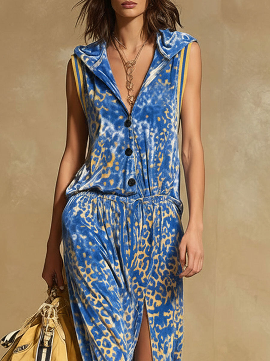 Hooded Leopard Print Slit Velvet Sleeveless Maxi Dress