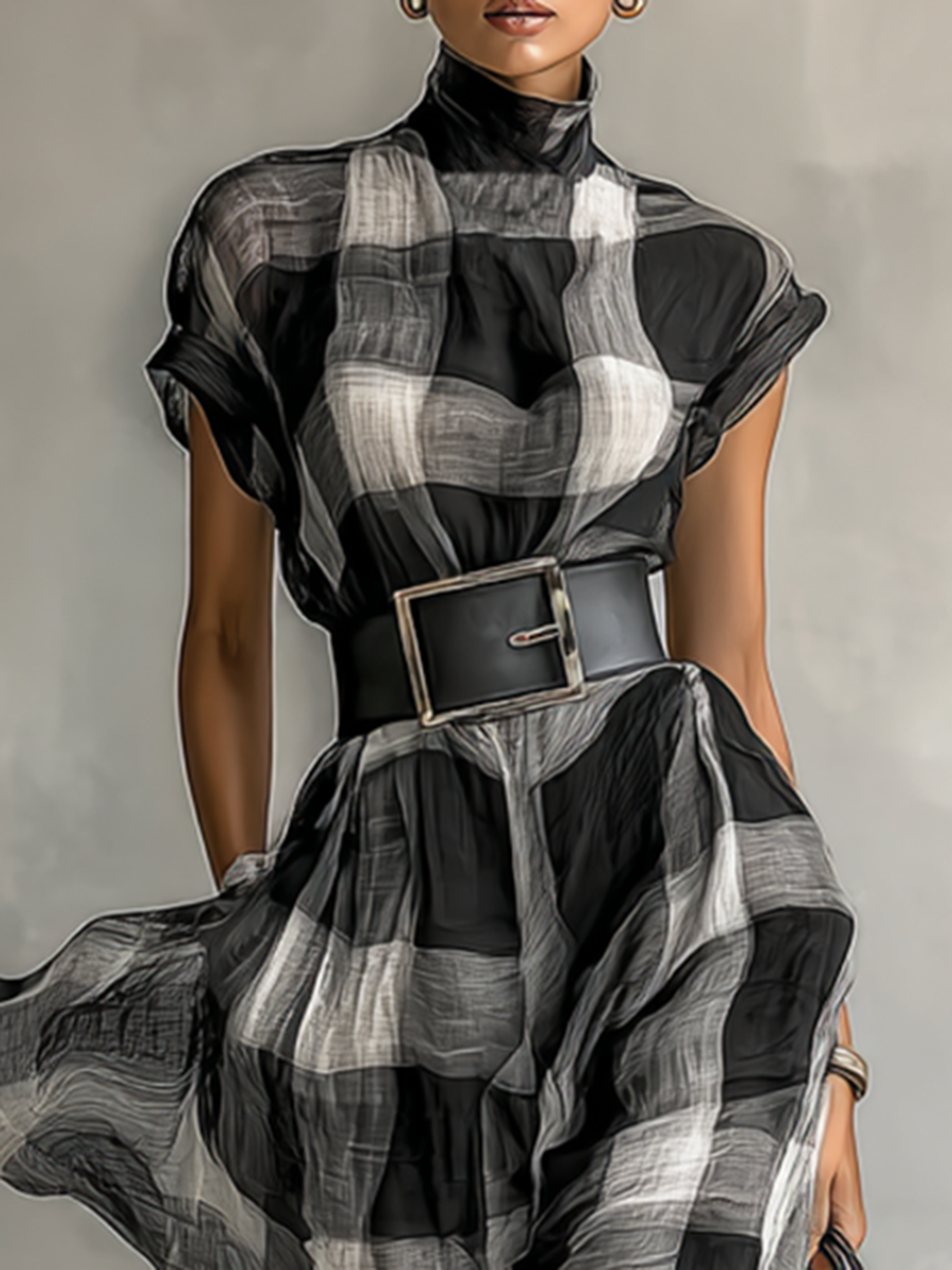 Women's Plaid Cotton Blend High Collar Short Sleeve Belt Maxi Dress MDA0575G6Y