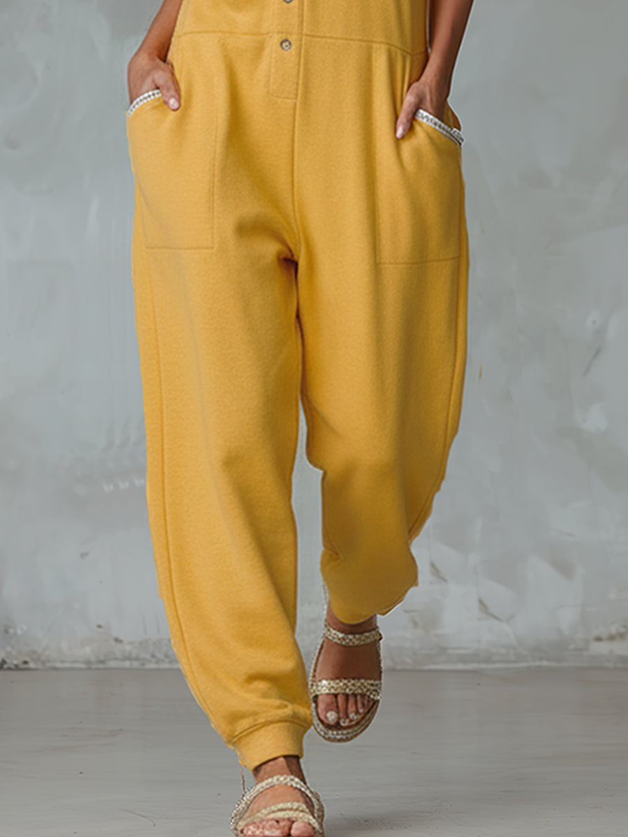 Stylish And Sporty Lace-trimmed Yellow Hooded Cotton Sleeveless Jumpsuit