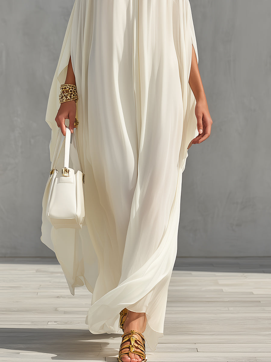Women's Ivory Chiffon Dress With Halter Neck & Cold-Shoulder Detail, Timeless Luxe-Boho Style Dress MDA2983L1I