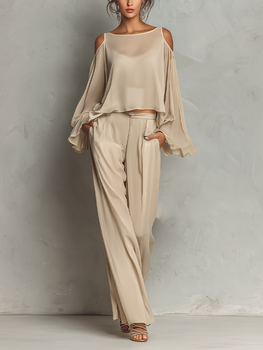 Women's Beige Chiffon Cold-Shoulder Blouse With Flared Sleeves & Wide-Leg Pants Set MDZ1233A2T