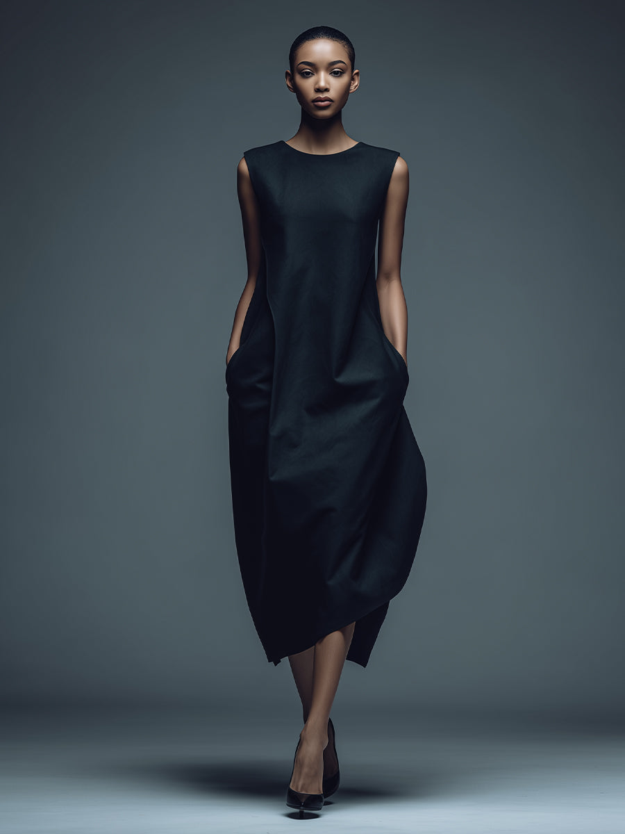 Women's Black Structured Woven Dress With Sleeveless Silhouette & Side Pockets, Timeless Minimalist-Chic Style Dress MDZ1302A2I