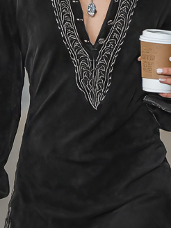 Women's Vintage Faux Suede Embroidered Shirt Collar Long Sleeve Mini Dress MDA1807I4Y